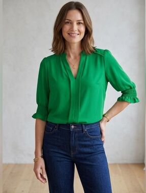 Vine & Love Emerald Green Split-Neck Blouse with Smocked Cuffs